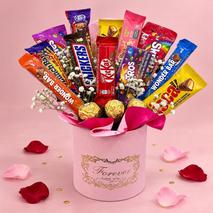 Blooms & Gifts Sweet Tooth Chocolate Bar Bouquet in a Forever Love You Round Box