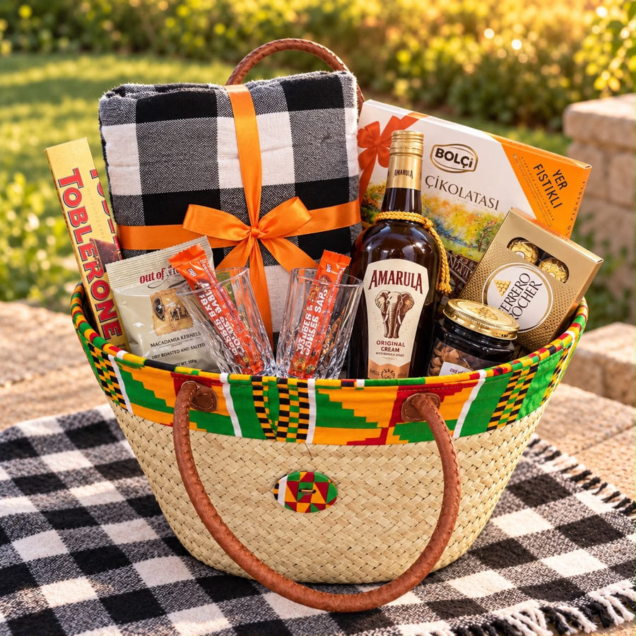 Blooms & Gifts The Ankara Escape Picnic Basket Hamper with Amarula, Maasai Fleece & Ferrero Rocher
