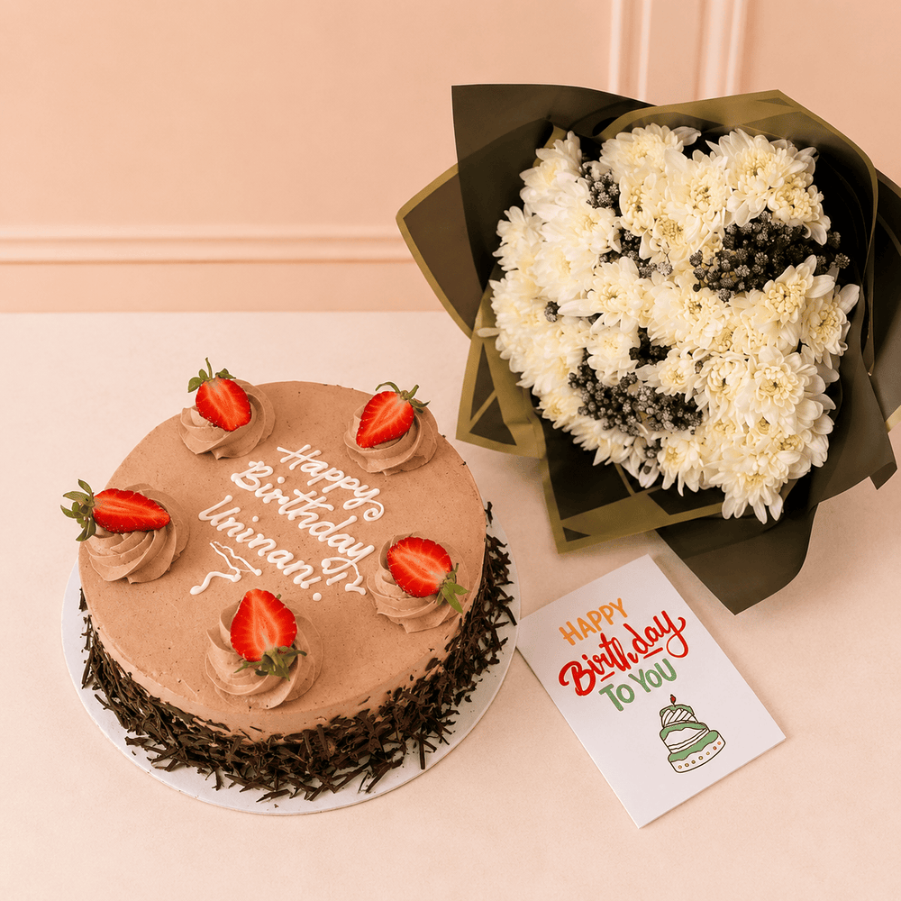 Blooms & Gifts White Mums, Birthday Card & Chocolate Cake