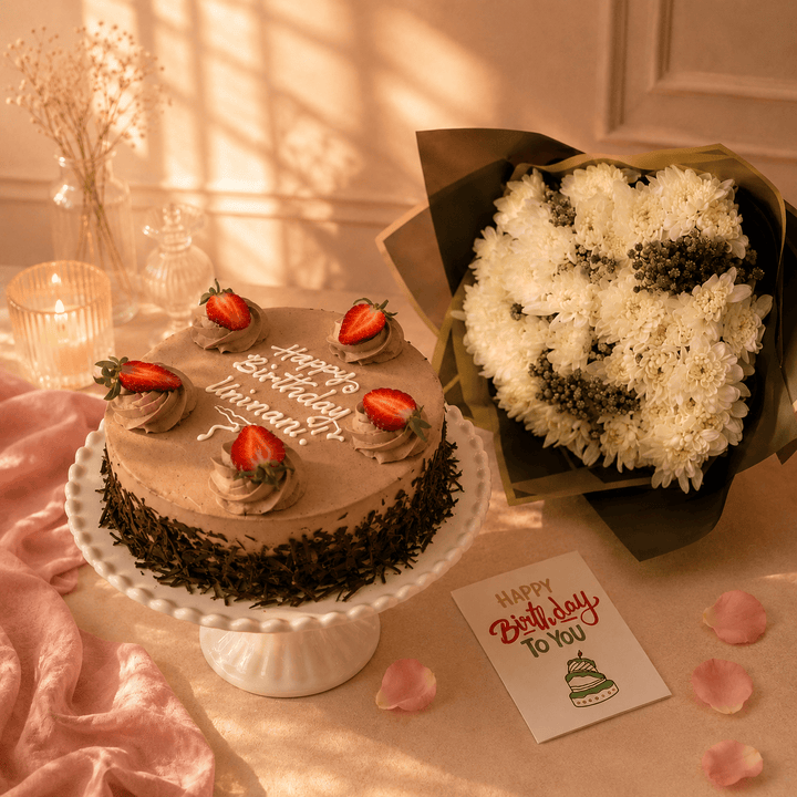 Blooms & Gifts White Mums, Birthday Card & Chocolate Cake