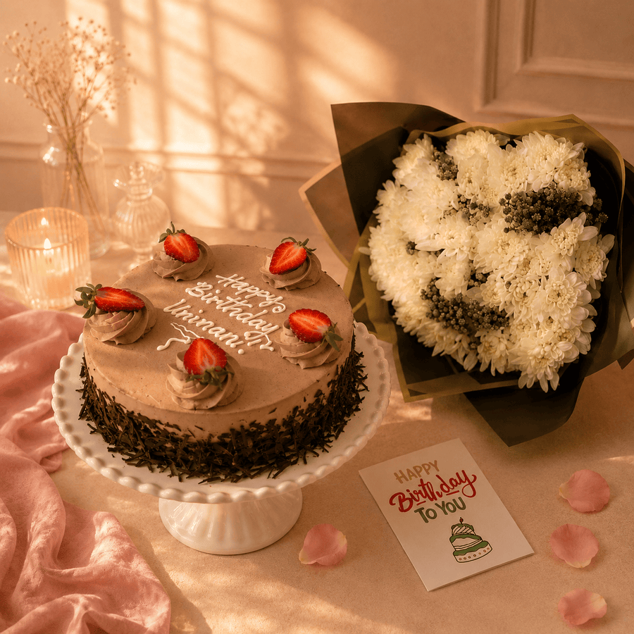 Blooms & Gifts White Mums, Birthday Card & Chocolate Cake